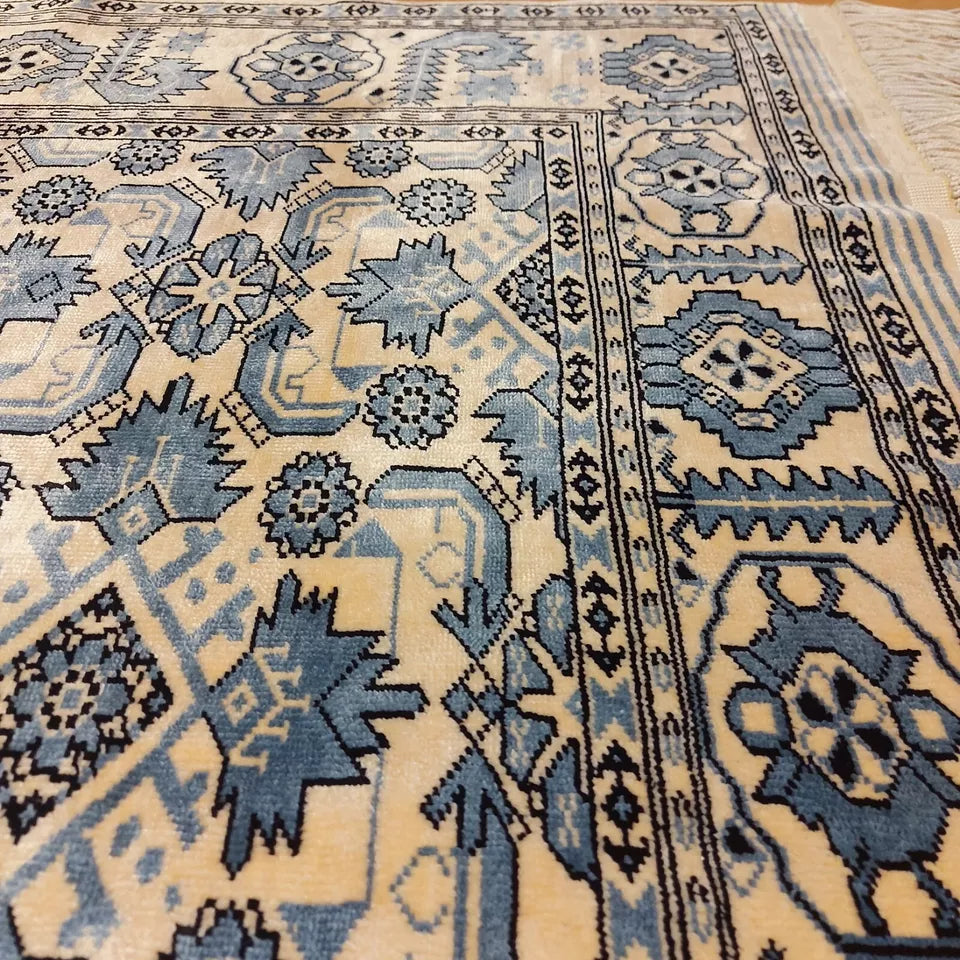 4 x 7 ft Silk Rug Traditional Handmade Beige Blue Ersari Beshir 125 x 200 cm Carpet