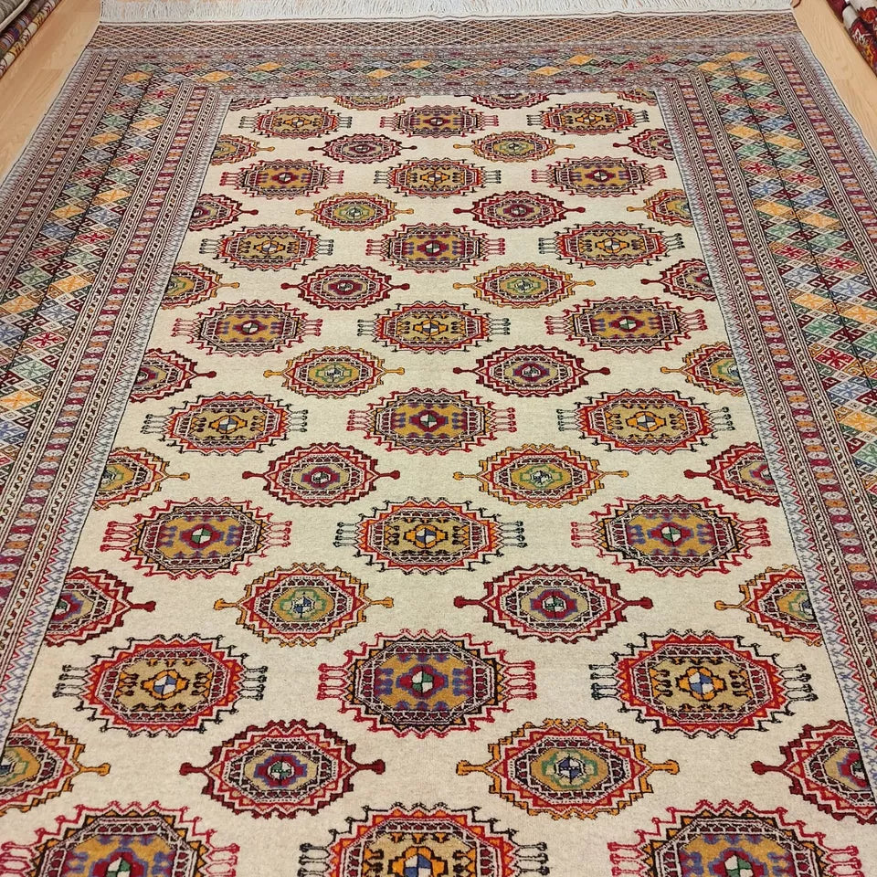 7 x 10 ft Handmade Oriental 100% Wool Turkmen Tribal Rug Beige 200 x 300cm Carpet