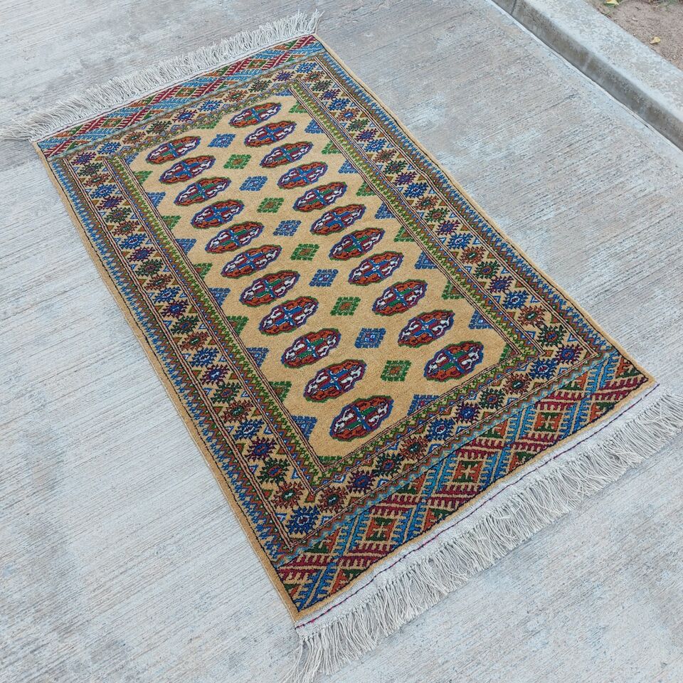 2'7"x 4'2" Oriental Handmade Turkmen Tekke 100% Wool Beige Rug 80x127cm Carpet