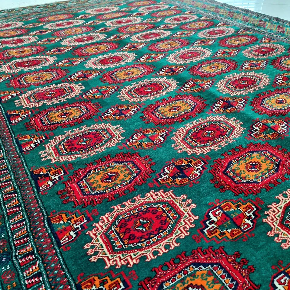 Oriental Green Rug 8 x 12 ft Handmade Turkmen Wool Rug (250 x 350cm), Large Area Rug