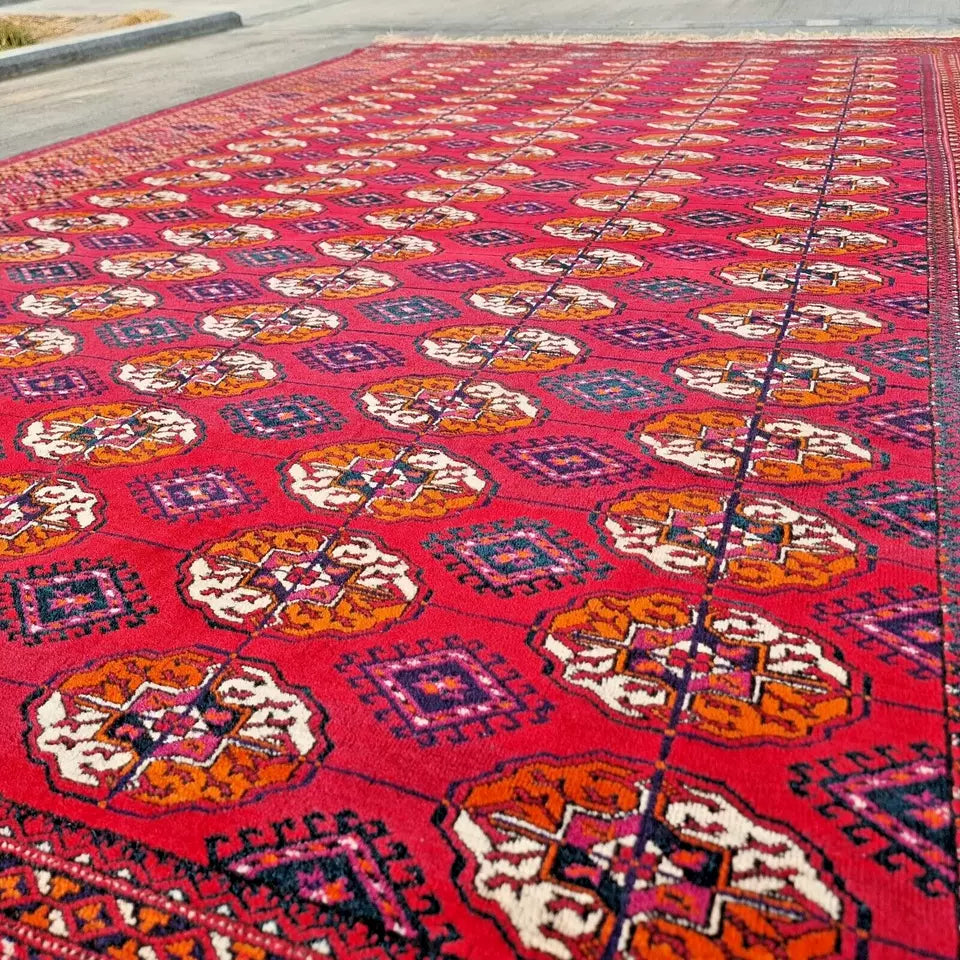 Red Turkmen Bukhara Handmade Rug- Vintage Tekke Wool Carpet 6'6 x 11 ft (200 x 340 cm)