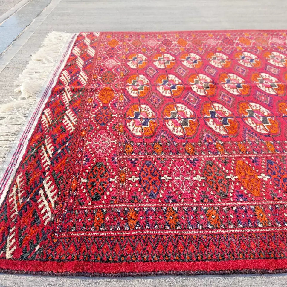 Stunning Antique Red Bukhara Wool Carpet 4'3"x7'1" Hand-Knotted Turkmen Area Rug