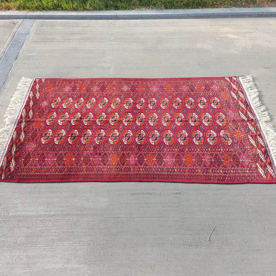 Stunning Antique Red Bukhara Wool Carpet 4'3"x7'1" Hand-Knotted Turkmen Area Rug