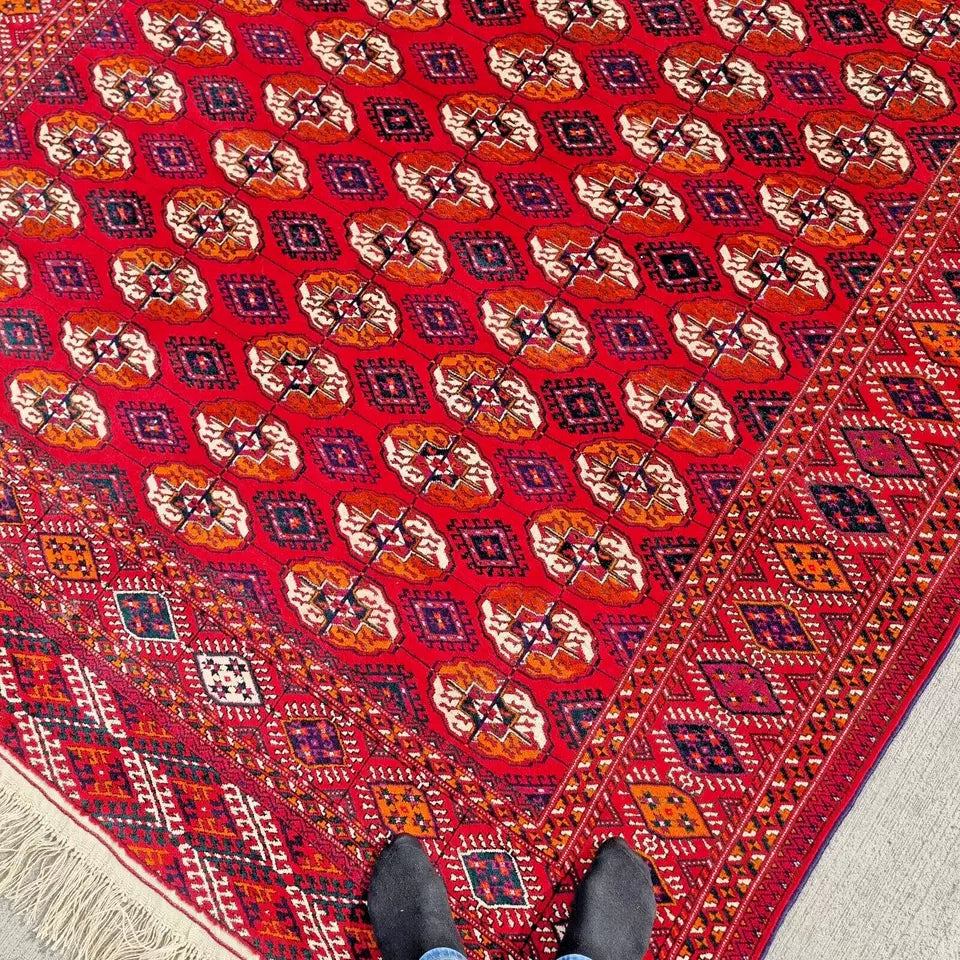 Red Turkmen Bukhara Handmade Rug- Vintage Tekke Wool Carpet 6'6 x 11 ft (200 x 340 cm)