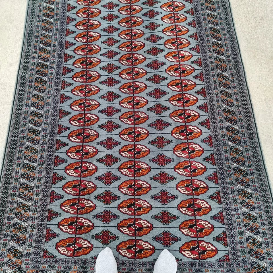 4'11 x 9'10 Handmade Tribal Blue Turkmen Bokhara Wool Tekke Carpet 150 x 300 cm