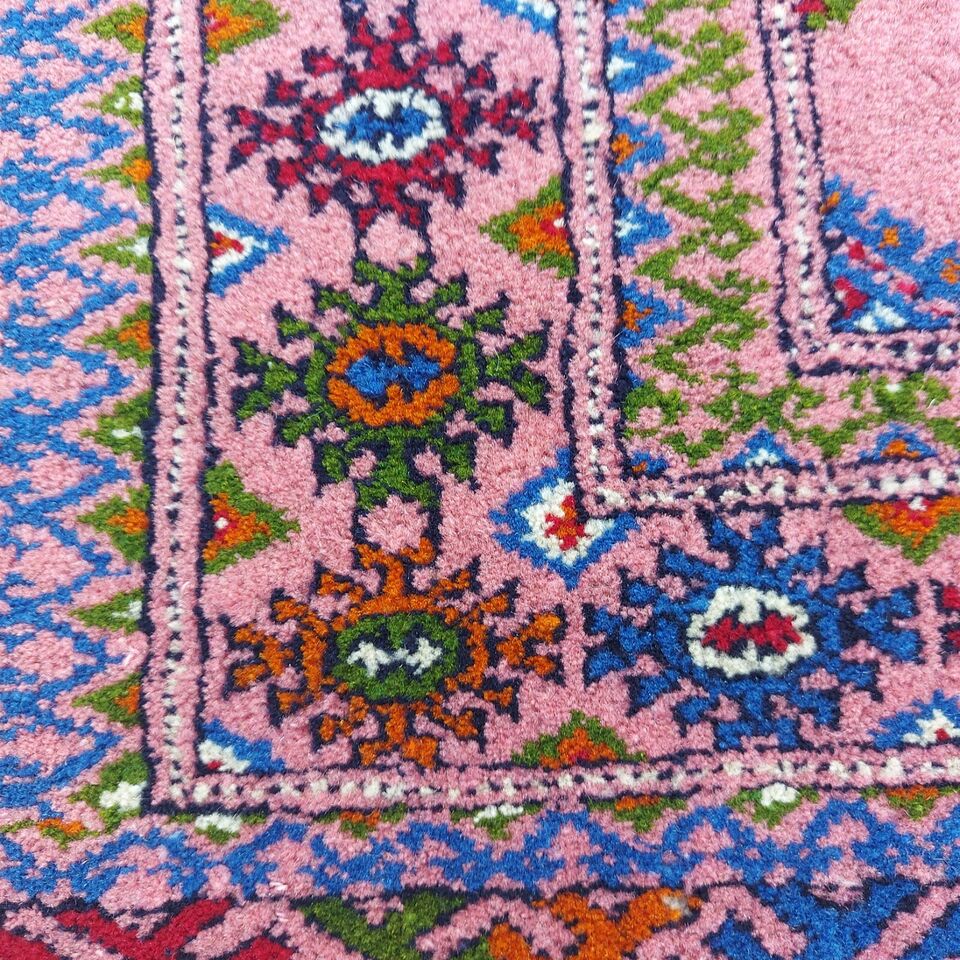 2'7"x 4' Handmade Turkmen Pink Wool Bukhara Rug, 80x122cm Oriental Carpet