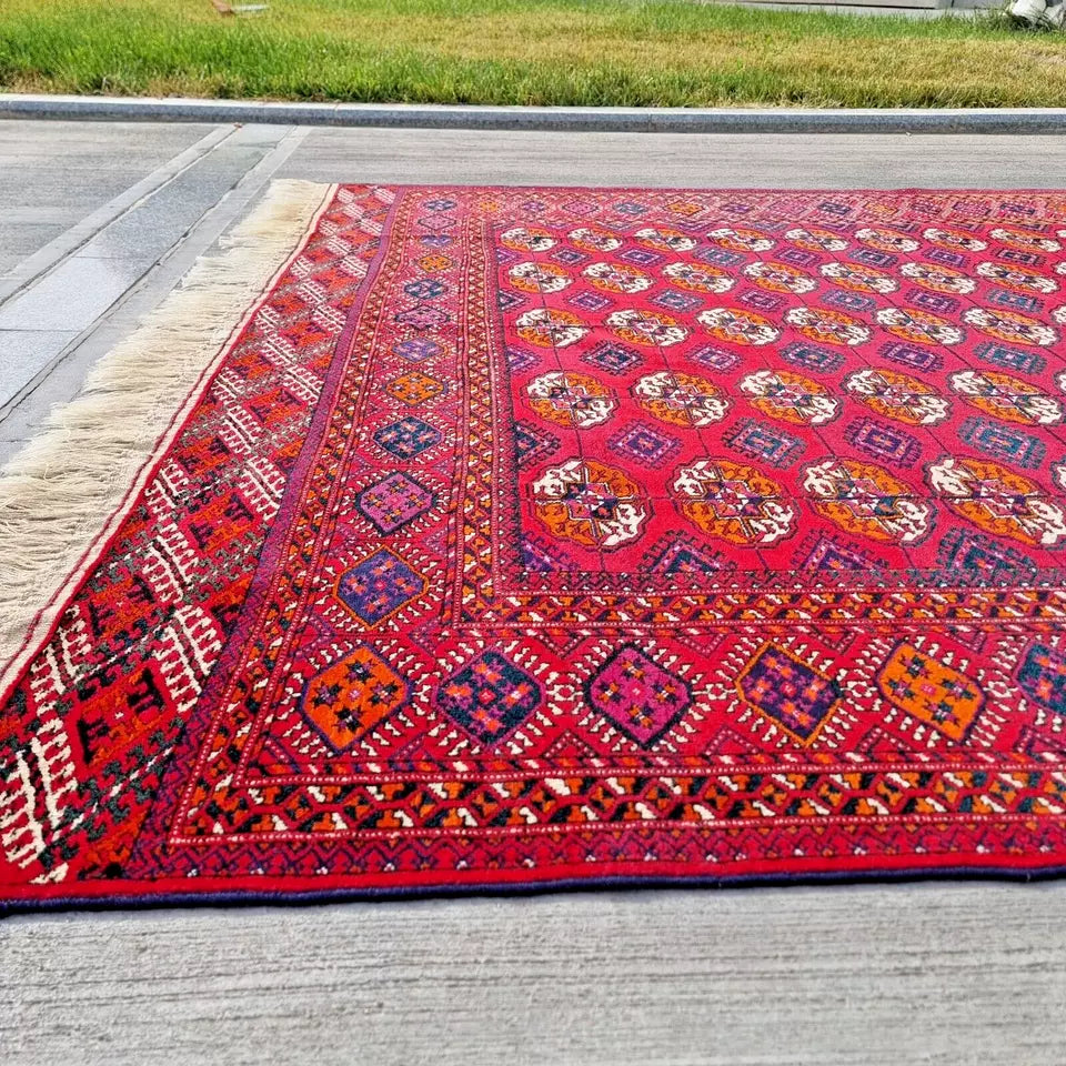 Red Turkmen Bukhara Handmade Rug- Vintage Tekke Wool Carpet 6'6 x 11 ft (200 x 340 cm)