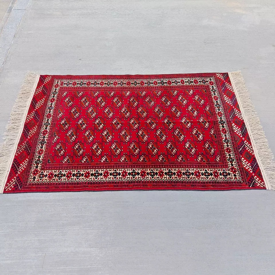 Rare Vintage Red Turkoman Rug 4 x 6 ft Handmade 100% Wool Beauty, Antique Area Rug