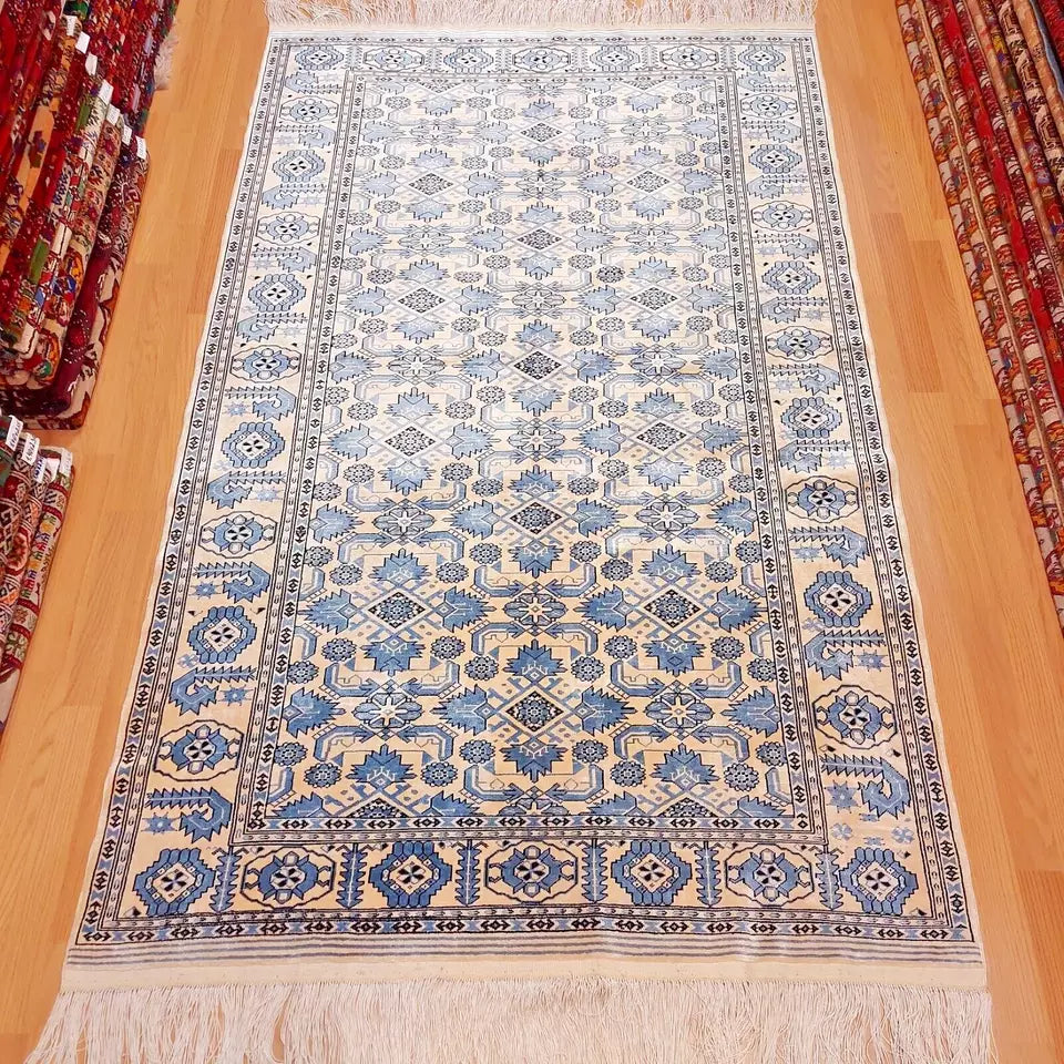 4 x 7 ft Silk Rug Traditional Handmade Beige Blue Ersari Beshir 125 x 200 cm Carpet