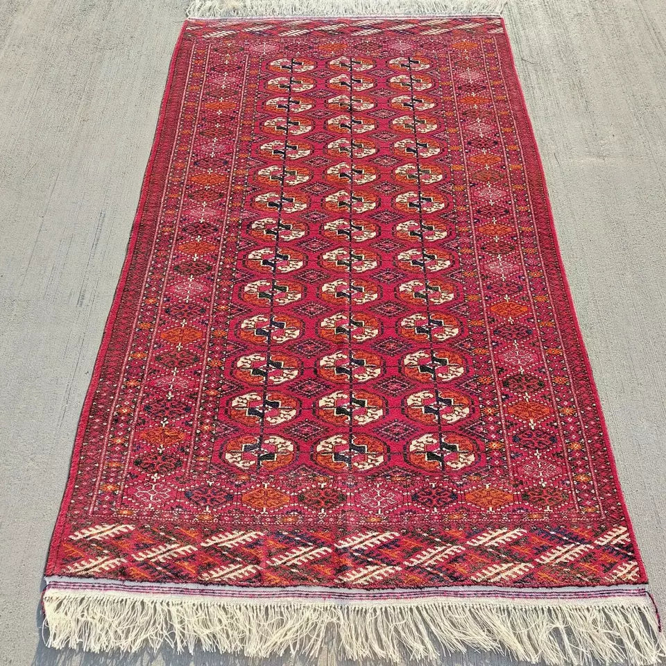 Stunning Antique Red Bukhara Wool Carpet 4'3"x7'1" Hand-Knotted Turkmen Area Rug