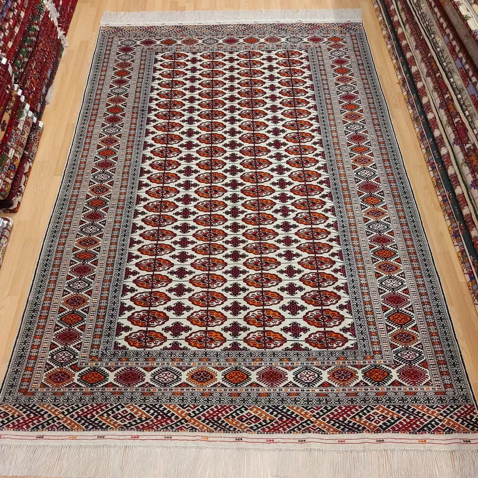 7 x 10 ft Handmade Oriental Beige Turkmen Bokhara Wool Rug Tekke Carpet 200 x 300 cm