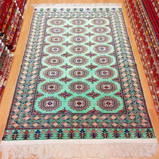 5x7' Handwoven Silk Rug Turkmen Sarouk Wool Green Oriental 145 x 210cm Silk Carpet