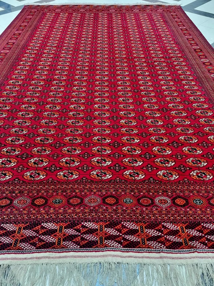 13 x 19 ft Large Handknotted Red Turkmen Wool Rug 400 x 580 cm, Bukhara Mansion Carpet