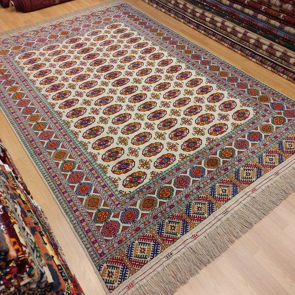 6'6" x 9'6" Oriental Rug Turkmen Wool Beige Large Tekke Area Rug 200 x 292cm Carpet