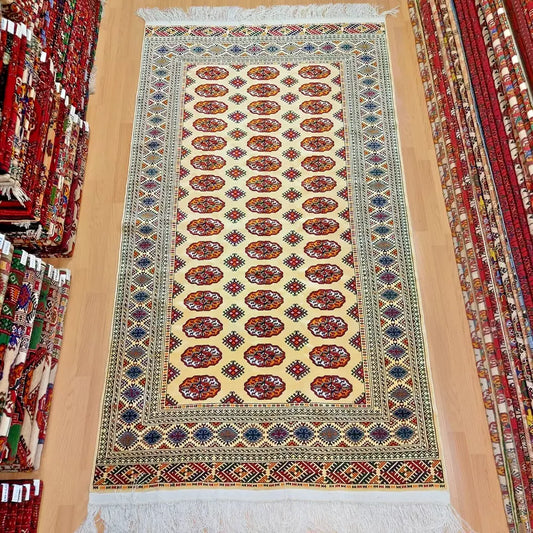 4 x 8 ft Hand-knotted Beige Silk Rug, Oriental Turkmen Rug 130 x 230 cm Silk Carpet