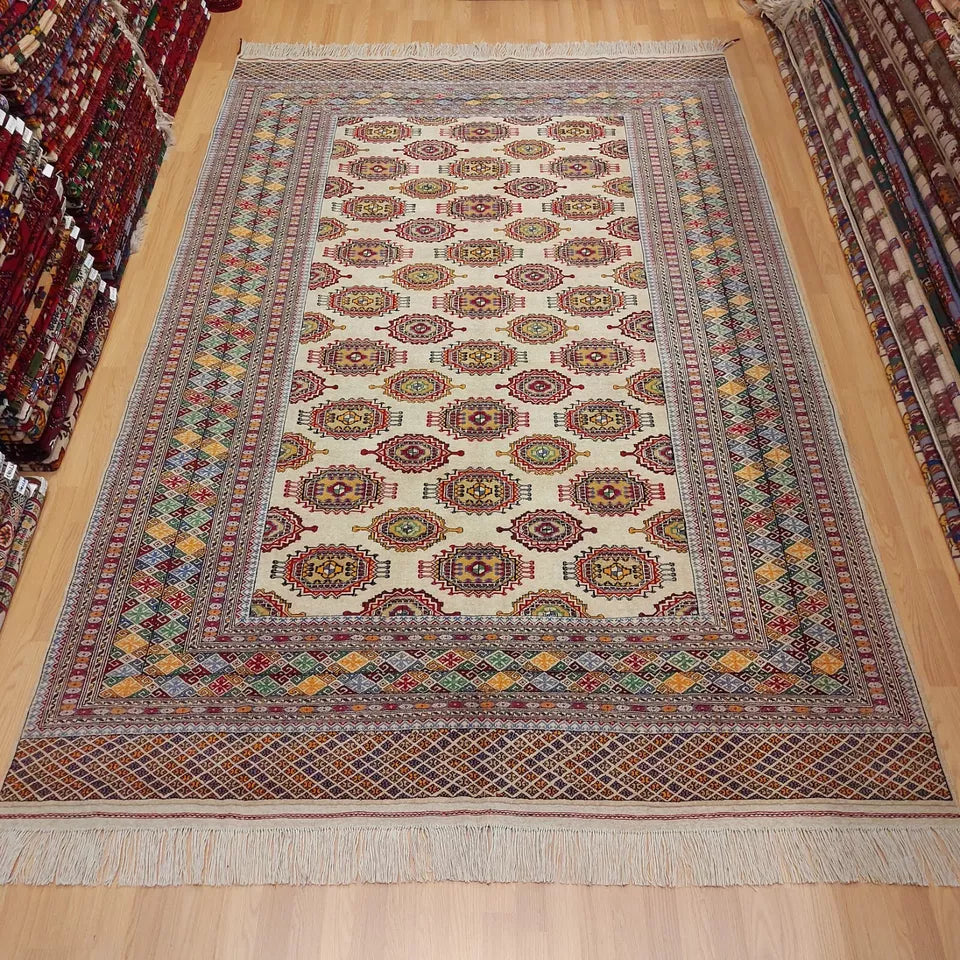 7 x 10 ft Handmade Oriental 100% Wool Turkmen Tribal Rug Beige 200 x 300cm Carpet